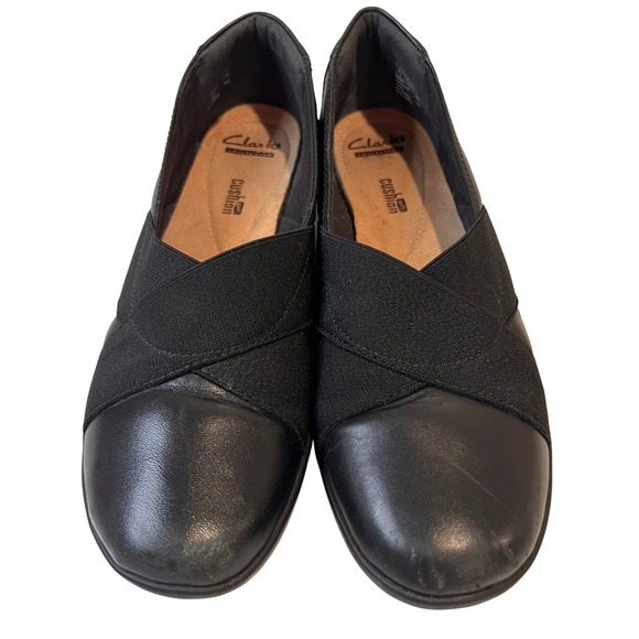 Clarks Collection Women's Black Leather Flats Elastic Strap Comfort Shoes - Picture 1 of 7